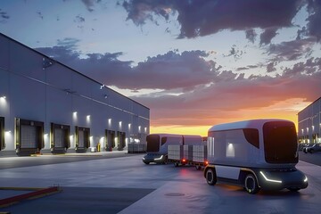 Selfdriving delivery trucks and trailers transport goods at a large warehouse facility during a vibrant sunset. The scene showcases automated logistics.
