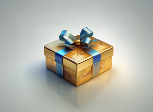 A gold gift box with a blue ribbon sits on a reflective surface.  The box has an elegant, embossed design.