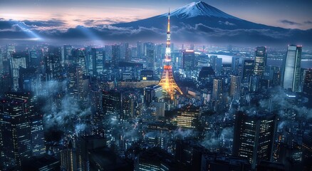 Fototapeta premium Cinematic photograph of the Tokyo skyline with Mount Fuji in the background at night, featuring bright lights from skyscrapers and the cityscape.