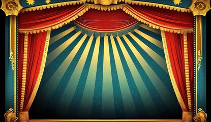Circus tent with spotlight, stage, and red curtains. Vintage circus background vector illustration