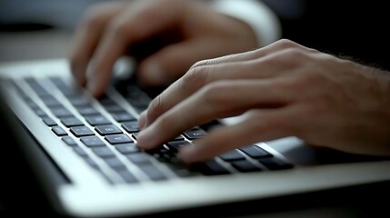 Close-Up of a Business Professional Typing on a Laptop – Modern Office Desk with Papers and Pen, Highlighting Productivity and Technology