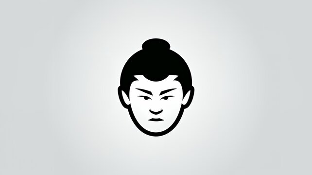 Japanese rikishi sumo wrestler man head with a top knot icon logo emblem.  Clean line minimalist simplistic illustration of a Japanese samurai osumosan man's face silhouette, culture people of Japan