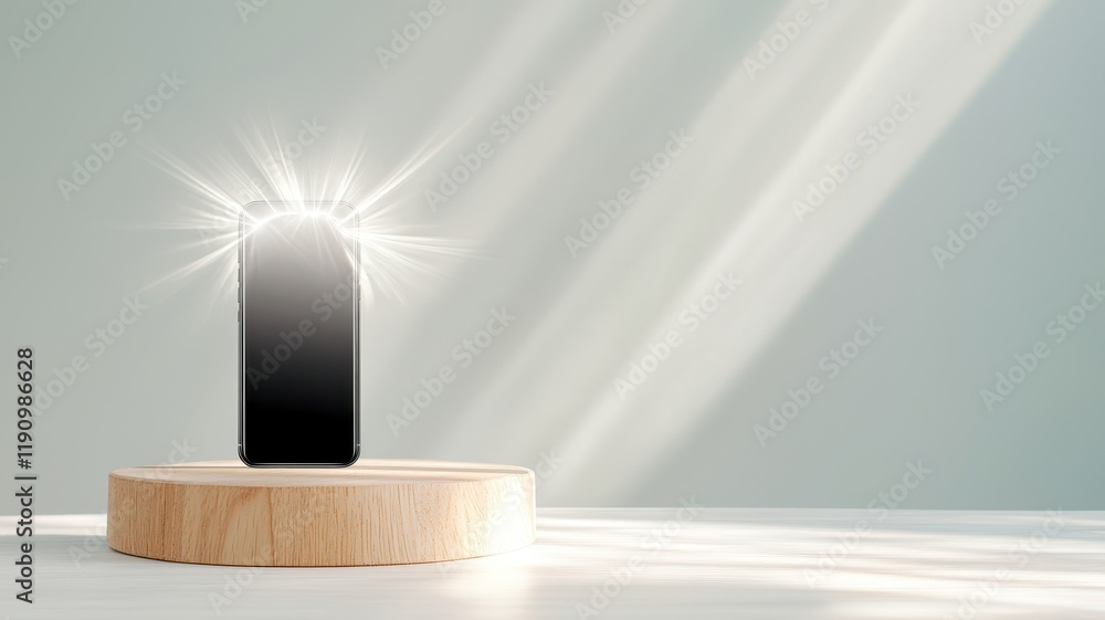 Poster spam call block security concept. a glowing object stands on a wooden base, illuminated by soft ligh
