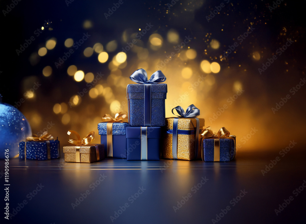 Poster a stack of blue and gold wrapped gifts sits on a dark surface, illuminated by a warm, bokeh-filled b