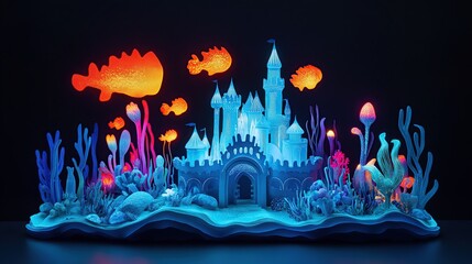 Glowing underwater castle with vibrant coral and fish.