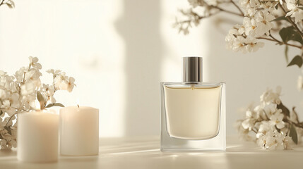 Elegant Perfume Bottle with Floral Accents and Candlelight Display