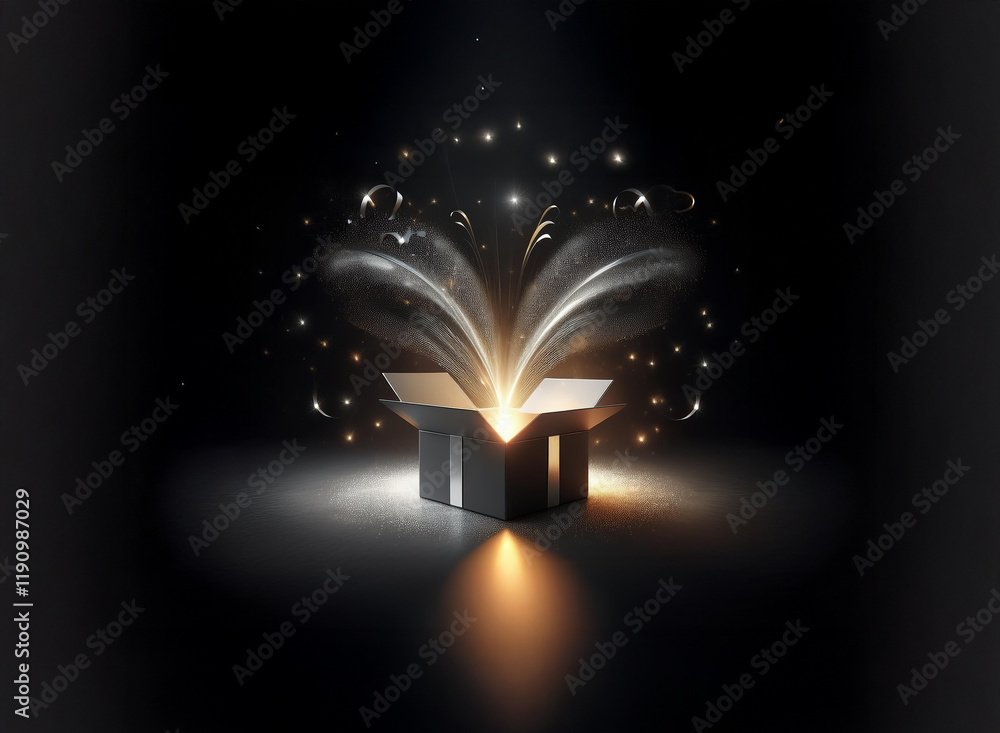 Poster a dark, open box emits a radiant, magical glow, with ethereal light particles swirling upwards like 