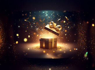 A golden gift box magically opens, releasing sparkling confetti and a radiant glow.  Surrounded by shimmering dust, it evokes wonder and celebration.