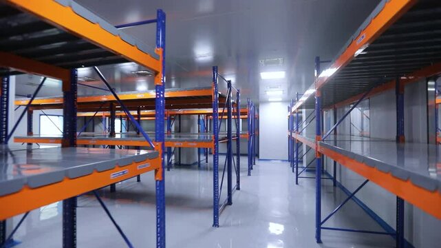 warehouse store room, cleanroom with colored racks for storage. pharmaceutical store. manufacturing factory. modern warehouse. Clean space for storage, factory. empty shelves, fda approved warehouse 