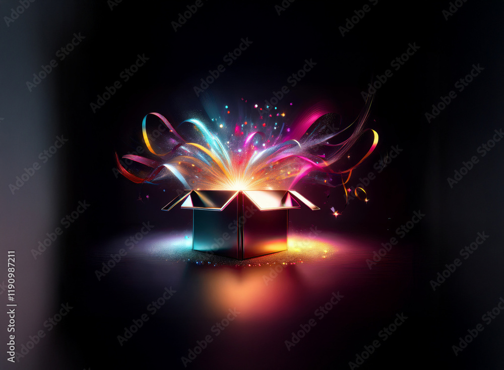 Poster an open box bursts with vibrant, colorful light and swirling ribbons, creating a magical, surprising