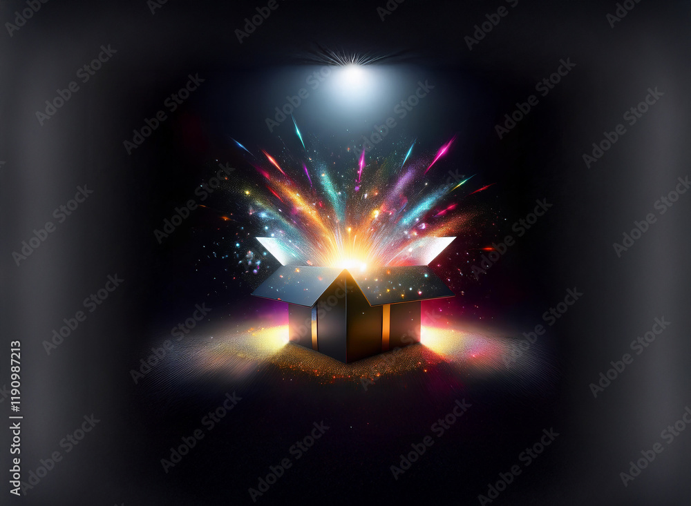 Poster a dark background showcases a metallic gift box exploding with vibrant, multicolored light and spark