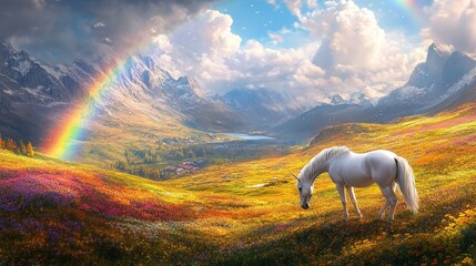 Fototapeta premium White unicorn grazing in vibrant alpine meadow with rainbow and mountains.