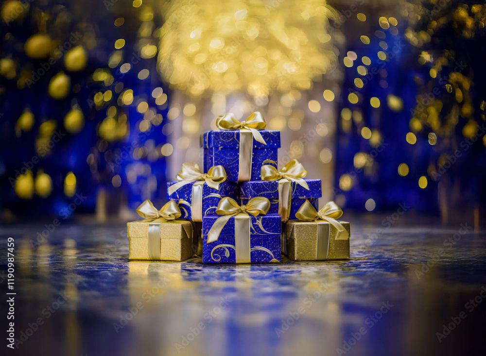 Poster a stack of elegantly wrapped blue and gold gifts sits on a reflective surface, with a bokeh backgrou