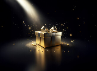 A golden gift box sits in a spotlight, surrounded by glittering confetti.  The scene is dark and dramatic, emphasizing the preciousness of the present.