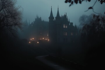 Haunted ancient gothic castle shrouded in fog during nighttime