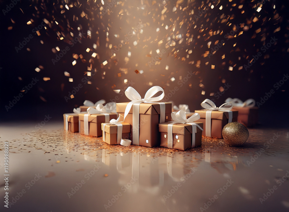 Poster a cluster of kraft paper gift boxes with white satin ribbons sits on a reflective surface. golden co