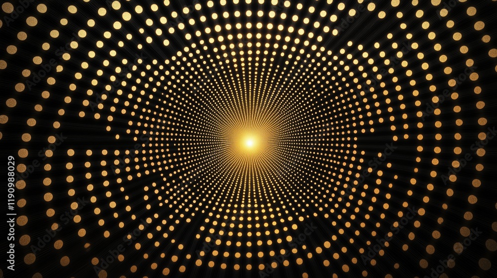 Poster golden dot pattern creating radiant light effect on dark background