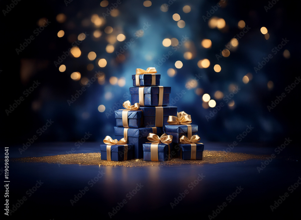 Aufkleber a stack of navy blue gifts with gold ribbons sits on a glittering surface against a bokeh background