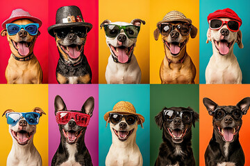 Eine Reihe lustiger Fotoautomaten Bilder im Fotostreifen Format von verschiedenen Hunden, die Sonnenbrillen und Hüte tragen und mit komischen Gesichtsausdrücken posieren