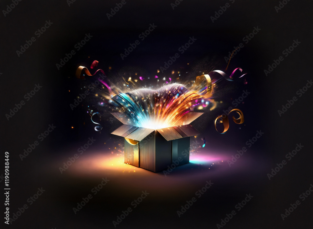 Poster A dark background showcases a simple cardboard box emitting a vibrant explosion of colorful light, confetti, and ribbons.  A magical, surprising moment captured.