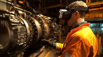 Engineer wearing an orange work suit and vr headset is analyzing a jet engine in a factory, using virtual reality technology for maintenance and repair