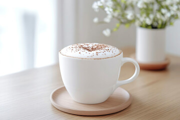 Cappuccino with foam and cinnamon sits on a round stand on the table.