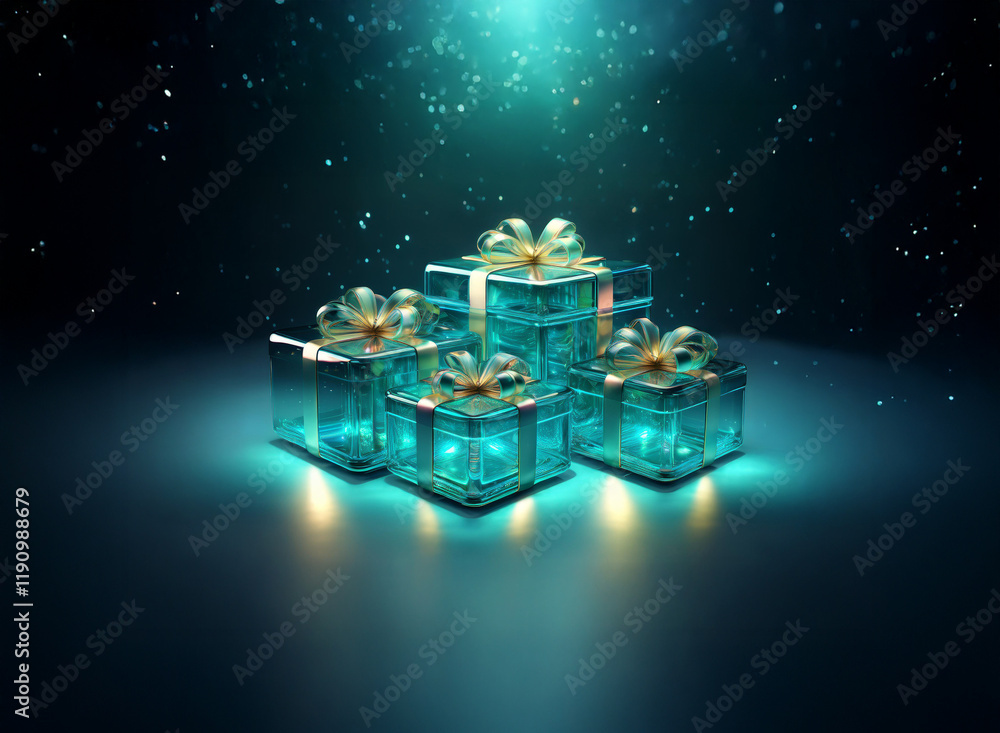 Poster luminous teal gift boxes with gold ribbons glow on a dark surface, illuminated by a soft light, evok