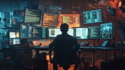 Fototapeta premium A focused programmer sitting at a desk surrounded by multiple monitors displaying colorful code in a dimly lit workspace.