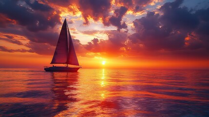 Sunset colors in shades of orange and purple cast reflections over the ocean, with an elegant sailboat gliding nearby