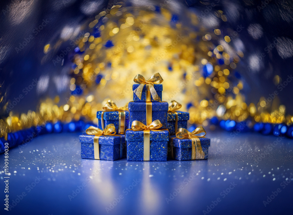 Poster a pyramid of blue gift boxes with gold ribbon sits on a shimmering blue surface. a tunnel of gold an