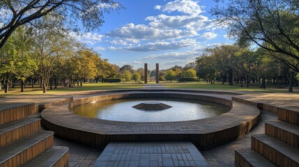 Fototapeta premium Serene Park Fountain with Architectural Design