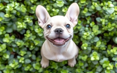 Fototapeta premium Happy puppy sitting in green foliage, looking up, perfect for pet adoption ads