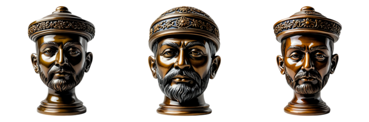 Set of 3 Antique Bronze Emperor Head Busts Collection - Decorative Asian Art Sculptures for Interior Design, Museum Display and Cultural Projects