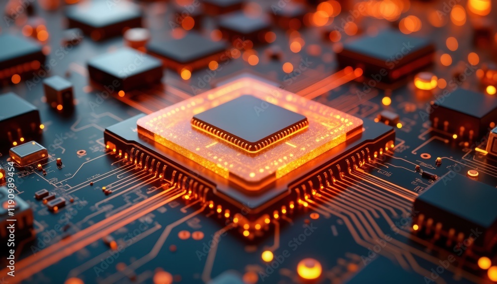 Poster futuristic tech cpu with glowing orange, yellow elements. high tech circuit board with glowing centr