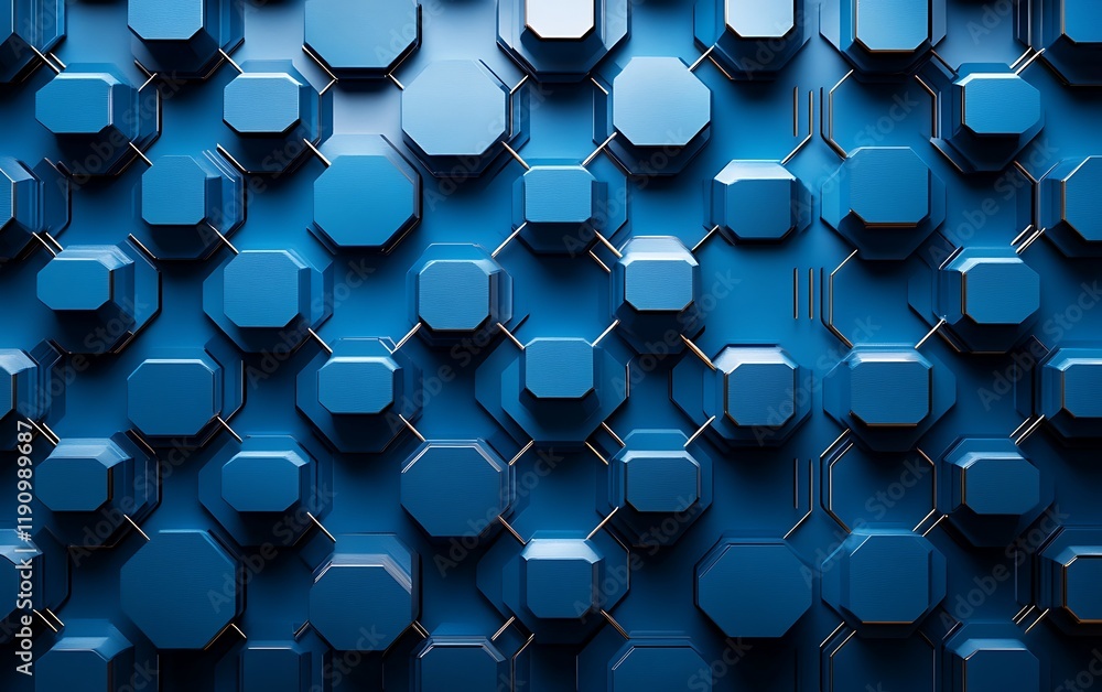 Poster blue hexagons connected by gold lines, abstract background for tech or design