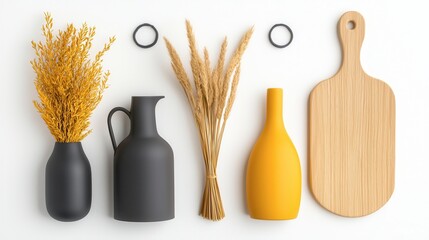 A minimalist arrangement of vases and dried flowers on a white surface, featuring black and yellow hues with a wooden cutting board.