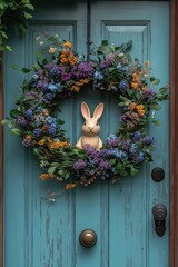 Decorative Bunny Adorned Spring Wreath on Vibrant Painted Front Door