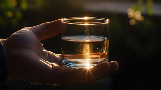 UHD 4K hands holding a glass of clean water with a golden glow during sunset for World Water Day.	