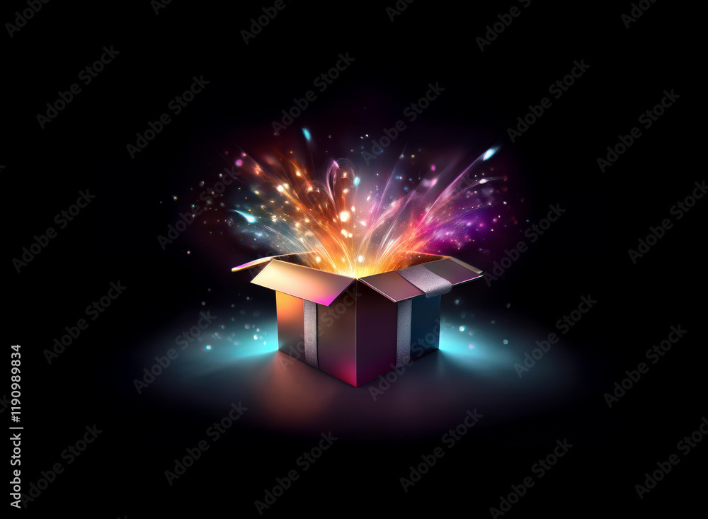Poster a burst of vibrant light and color explodes from an open gift box, set against a dark background. th