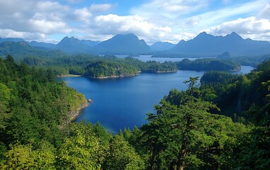 Naklejka premium Aerial view of forested islands and mountains in a tranquil blue bay