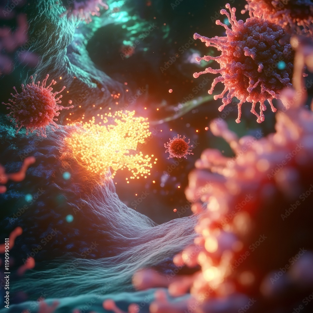 Poster viruses invading cells in a vibrant microscopic environment showcasing cellular structures. generati