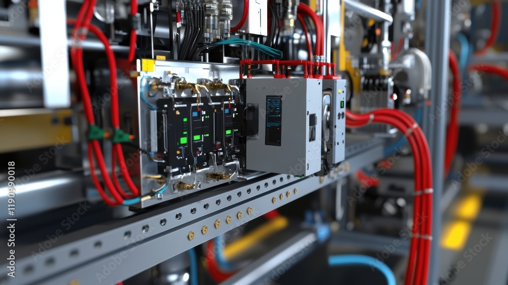 Poster close up of a sophisticated industrial machine displaying intricate wiring and components, emphasizi