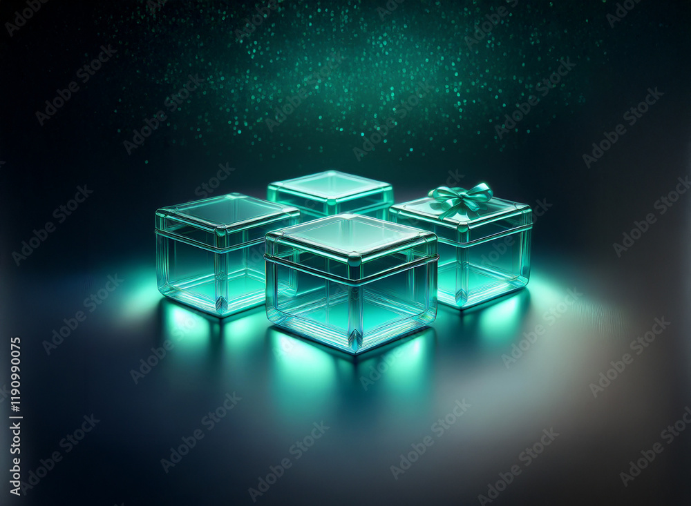 Poster four translucent teal cubes glow on a dark surface, one adorned with a bow, under a sparkling teal b