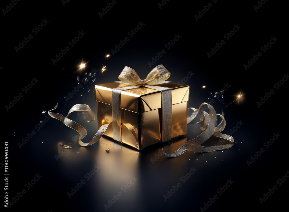 Poster a golden gift box with a white ribbon and sparkling particles on a dark background. magic and celebr