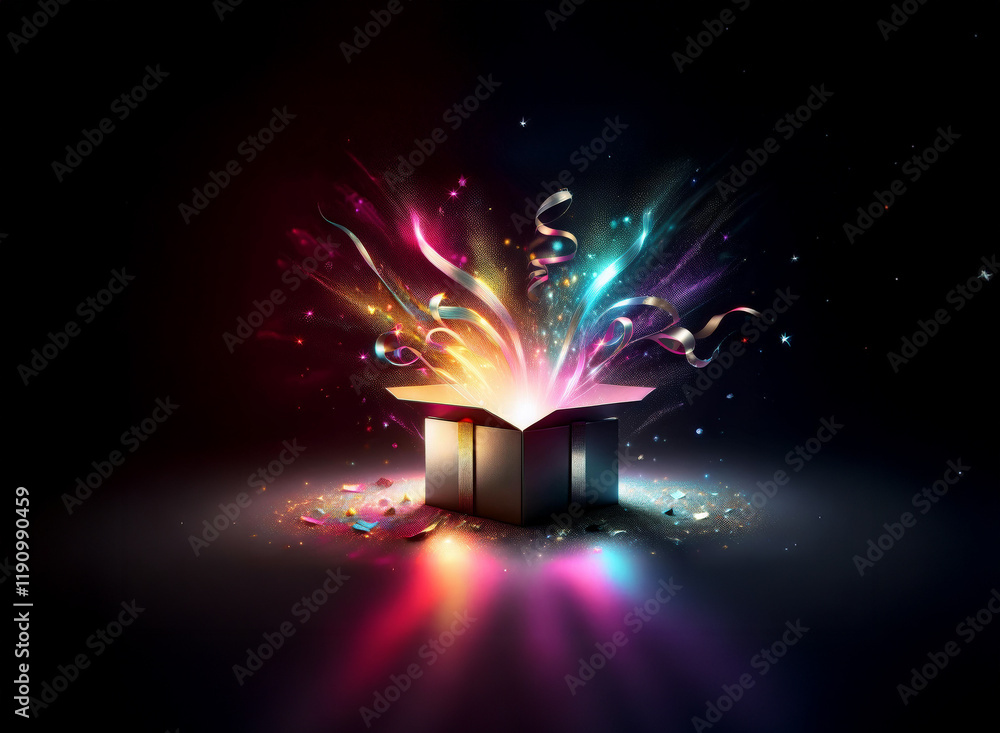 Poster a dark background showcases a metallic gift box exploding with vibrant, colorful light, ribbons, and