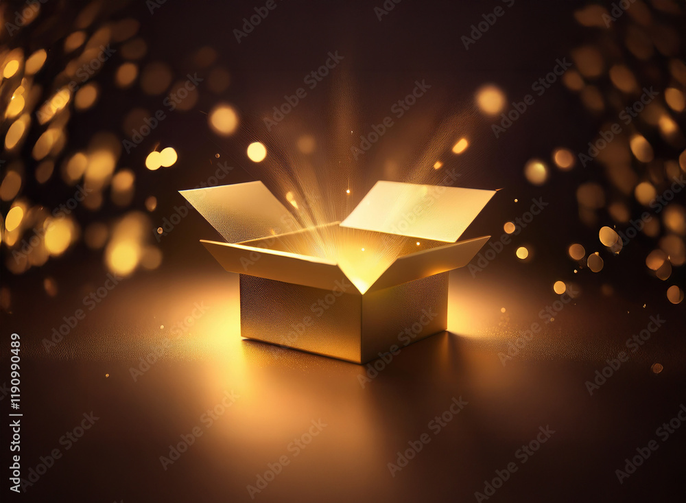 Poster an open golden box glows with a magical, radiant light against a dark background speckled with bokeh