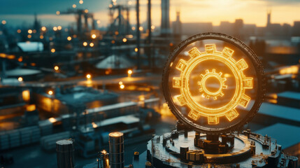 Fototapeta premium futuristic industrial landscape with glowing circular structure at sunset, showcasing advanced technology and innovation in urban setting