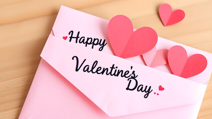 Pink envelope with paper pink hearts. Happy Valentine's day.