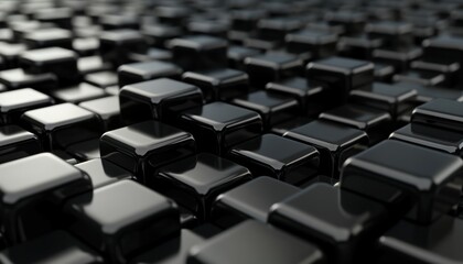 Abstract background of glossy black rectangular blocks. Geometric pattern with premium quality look. Modern, futuristic design. Clean, polished 3D design. Slick texture. High-tech aesthetic evokes