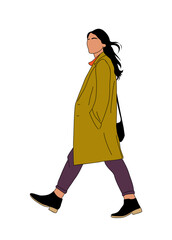 Young woman walking colored outline drawing. Pretty girl in casual autumn clothes side view. Vector illustration isolated 